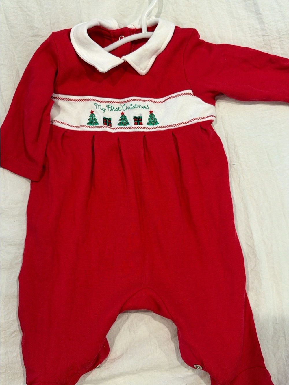 Little Me Red Baby One-Piece with White Collar and Holiday Embroidery